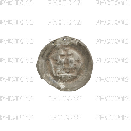 Denarius - bracteate, crown I (iconographic). Crown composed of a hoop with quadrangular holes and two arches with projections. Between the arches, a cross on a spherical base with widening ends of the arms, touching the hoop. Ca. 1287/1288–ca. 1297/1298. State of the Teutonic Order (1226–1525). Coin (one-sided). Diameter 16.9 mm; weight 0.20 g. Makers/attribution: Richard, Antoni (1841–1894). Subjects/themes: AR punches, crowns, crosses, Teutonic Knights (order).
