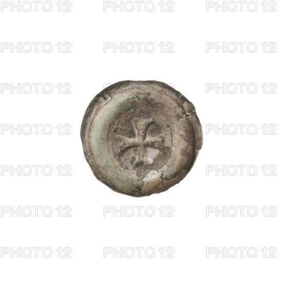 Denarius - bracteate, Greek cross I (iconographic), Richard, Anthony (1841–1894), R5 (rarity), AR mark, equal-armed cross (iconographic), one-sided coin, crosses, Teutonic Knights (order), equal-armed cross with ends of the arms widened and split, 2nd half of the 13th century, State of the Teutonic Order (1226–1525), coin (one-sided), diameter 16.7 mm, weight 0.22 g