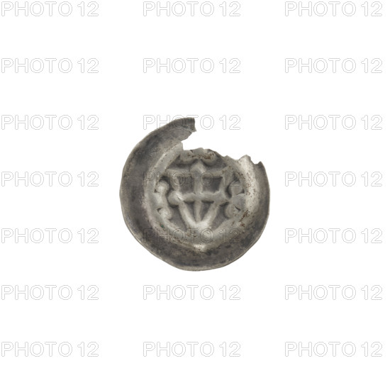 Denarius - bracteate. Triangular shield with a cross whose arms reach the shield's edge; on the shield, at the extension of the cross's arms, one ball. Three balls on both sides of and above the shield. One-sided coin. Teutonic Knights (Order). Ca. 1307/1308–ca. 1317/1318. Diameter 15.1 mm, weight 0.21 g. Maker: Jan Szymonski (1887–1954). Iconographic features: shield with cross I, triangular shield, shields, balls.