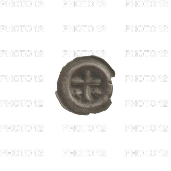 Denarius - bracteate; one-sided coin with Latin cross (slightly widening arm tips) and equal-armed crosses on each side of its longer arm; iconography related to Teutonic Knights; ca. 1317/1318–ca. 1327/1328; State of the Teutonic Order (1226–1525); coin (bracteate), diameter 14.3 mm, weight 0.21 g