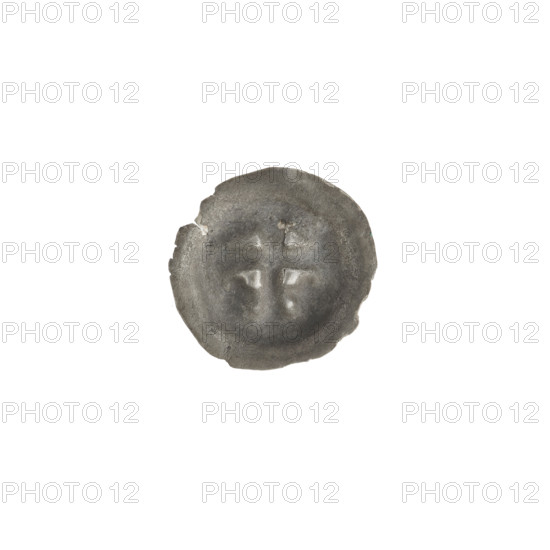 Denarius - bracteate; one-sided coin depicting a Latin cross with slightly widening arm ends, with an isosceles cross on each side of its longer arm. Style: isosceles crosses. Maker/association: Teutonic Knights (State of the Teutonic Order), ca. 1317/1318–ca. 1327/1328. Material/function: coin (one-sided). Diameter 14.9 mm; weight 0.21 g.