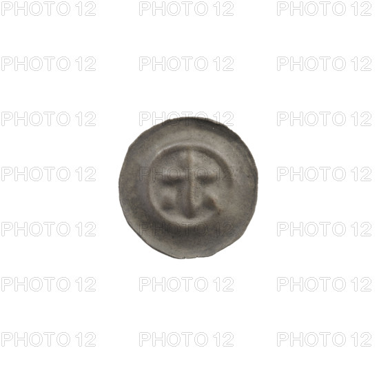 Denarius — bracteate; one-sided coin depicting a Latin cross with rounded arm ends (longer vertical arm) bearing on both sides of its longer arm a diagonal equal-armed cross; additional equal-armed crosses with rounded, rhombus-like arms. Iconography associated with the Teutonic Knights. Ca. 1317/1318–ca. 1327/1328. Coin (one-sided). Diameter 14.3 mm; weight 0.22 g.