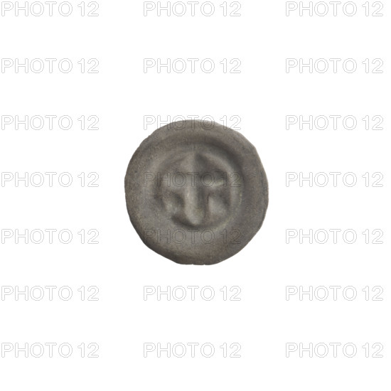 Denarius - bracteate; one-sided coin; ca. 1317/1318–ca. 1327/1328; State of the Teutonic Order (1226–1525); diameter 14.3 mm; weight 0.22 g. Obverse: Latin cross with rounded arm ends (longer vertical arm); on both sides of the longer arm, one diagonal equal-armed cross. Reverse: equal-armed crosses with rounded, rhombus-like arms. Iconography: Latin cross, equal-armed crosses; associated with Teutonic Knights.