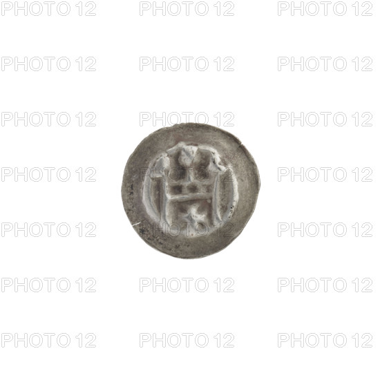 Denarius - bracteate; Gate topped with three pillars topped with trefoils. Under the straight vault of the gate, an equal-armed cross with widening arms. Iconography: Gate II (iconographic), gates, equal-armed cross, trefoils, one-sided coins. Teutonic Knights (order). Maker: Jan Szymonski (1887–1954). Date: ca. 1327/1328–ca. 1337/1338. State of the Teutonic Order (1226–1525). Coin (one-sided). Diameter 14.1 mm; weight 0.22 g.