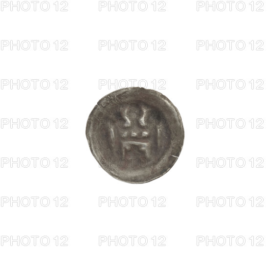 Denarius bracteate, Gate II (iconographic): gate topped with three pillars topped with trefoils. Under the straight vault of the gate, an equal-armed cross with widening arms. One-sided coin, ca. 1327/1328–ca. 1337/1338, State of the Teutonic Order (1226–1525). Diameter 14.1 mm; weight 0.22 g. Maker: Jan Szymonski (1887–1954) mentioned.