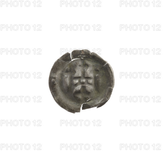 Denarius - bracteate, gate II (iconographic); isosceles cross (iconographic); crosses; gates; one-sided coin; Teutonic Knights (order). Gate topped with three pillars topped with crosses. Under the arched vault of the gate, an isosceles cross. ca. 1327/1328 - ca. 1337/1338. State of the Teutonic Order (1226-1525). Coin (one-sided). Diameter 15.5 mm; weight 0.19 g.