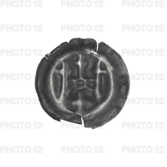 denarius - bracteate, gate II (iconographic), AR mark, isosceles cross (iconographic), crosses, gates, one-sided coins, Teutonic Knights (order), Gate topped with three pillars topped with crosses. Under the arched vault of the gate, an isosceles cross, ca. 1327/1328 - ca. 1337/1338, State of the Teutonic Order (1226-1525), coin (one-sided), diameter 15.5 mm, weight 0.19 g
