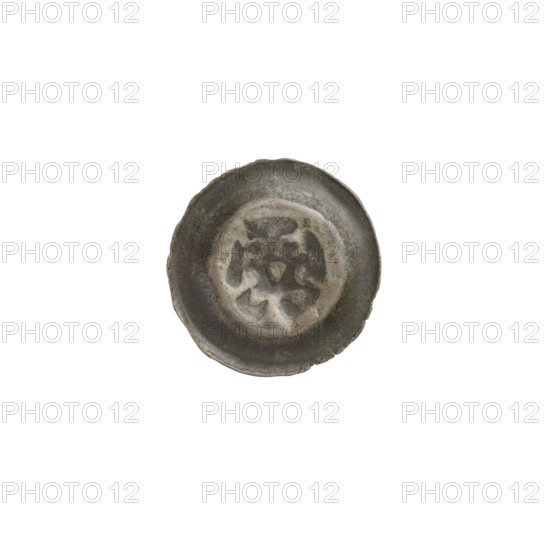 Denarius - bracteate, crown II (iconographic); crowns; one-sided coin; cross; restitution; Teutonic Knights (order); crown topped with a cross with widening arms placed between elongated arches ending with projections; ca. 1337/1338–ca. 1345; State of the Teutonic Order (1226–1525); coin (one-sided); diameter 15.3 mm; weight 0.22 g