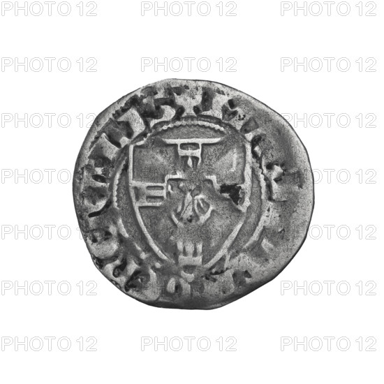 Teutonic kwartnik (firchen), Winrych von Kniprode (Grand Master; 1351–1382), Knight's cross, monastic shield of the Grand Master. On the rim, between the pearl borders, an inscription. Reverse: monastic equal-armed cross. On the rim, between the pearl borders, an inscription. Ca. 1360/1364–1378, State of the Teutonic Order (1226–1525), Torun, coin, dia. 17.5 mm, weight 0.78 g, axis 135 degrees.