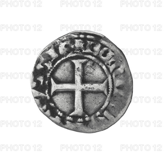 Teutonic kwartnik (firchen), Winrych von Kniprode (Grand Master; 1351–1382), Knight's cross, monastic shield of the Grand Master; crosses, shields, Teutonic Knights (order). Obverse: Monastic shield of the Grand Master. On the rim, between the pearl borders, an inscription. Reverse: Monastic equal-armed cross. On the rim, between the pearl borders, an inscription. Circa 1360/1364–1378. Torun, coin, diameter 17.5 mm, weight 0.78 g, axis 135°.