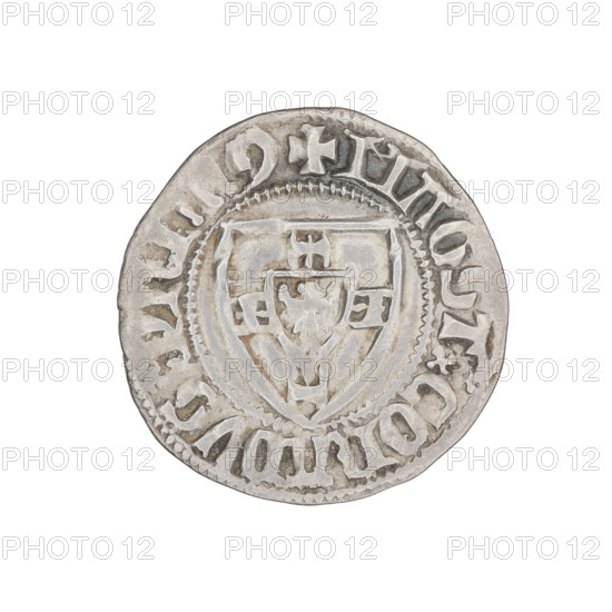Teutonic szelag, Konrad Zöllner von Rothenstein (Grand Master; 1382–1390). Obverse: Teutonic shield of the Grand Master (iconographic). On the rim, between the pearly borders, an inscription. Reverse: Teutonic shield. On the rim, between the pearly borders, an inscription. c. 1382. State of the Teutonic Order (1226–1525), Torun. Coin; dia. 21.9 mm; weight 1.62 g; axis 135°. R6 (rarity).