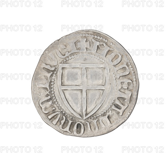 Teutonic szelag, Konrad Zöllner von Rothenstein (Grand Master; 1382–1390). Obverse: Teutonic shield of the Grand Master; on the rim between the pearly borders an inscription. Reverse: Teutonic shield; on the rim between the pearly borders an inscription. c. 1382. State of the Teutonic Order (1226–1525), Torun. Coin. Diameter 21.9 mm, weight 1.62 g, axis 135°. R6 (rarity).