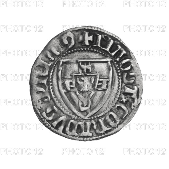 Teutonic szelag, Konrad Zöllner von Rothenstein (Grand Master; 1382–1390). Obverse: Teutonic shield of the Grand Master; on the rim between pearly borders, an inscription. Reverse: Teutonic shield; on the rim between pearly borders, an inscription. c. 1382. State of the Teutonic Order (1226–1525), Torun. Coin. Diameter 21.9 mm; weight 1.62 g; axis 135°. R6 (rarity). Teutonic Knights (order).