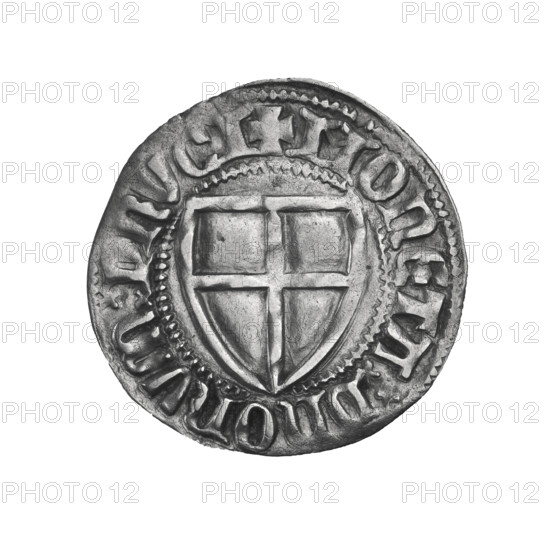 Teutonic szelag, Konrad Zöllner von Rothenstein (Grand Master; 1382–1390). Obverse: Teutonic shield of the Grand Master; on the rim, between the pearly borders, an inscription. Reverse: Teutonic shield; on the rim, between the pearly borders, an inscription. c. 1382. State of the Teutonic Order (1226–1525), Torun. Coin; diameter 21.9 mm; weight 1.62 g; axis 135°. R6 (rarity).