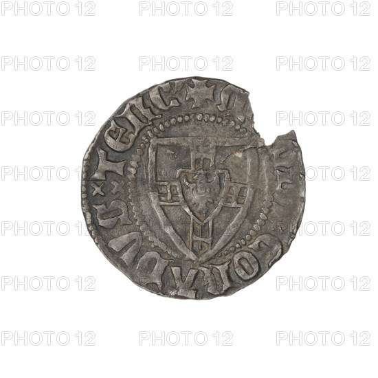 Teutonic szelag, Konrad von Jungingen (Grand Master; 1393–1407). Obverse: Monastic shield of the Grand Master (iconographic). On the rim, between the pearl borders, an inscription. Reverse: Monastic shield; above the upper right field of the shield, a small wedge adjacent to its edge on the left. On the rim between the pearl borders there is an inscription, 1393–1407. State of the Teutonic Order (1226–1525). Torun, Malbork, Gdansk. Coin; diameter 20.2 mm; weight 1.51 g; axis 225°.
