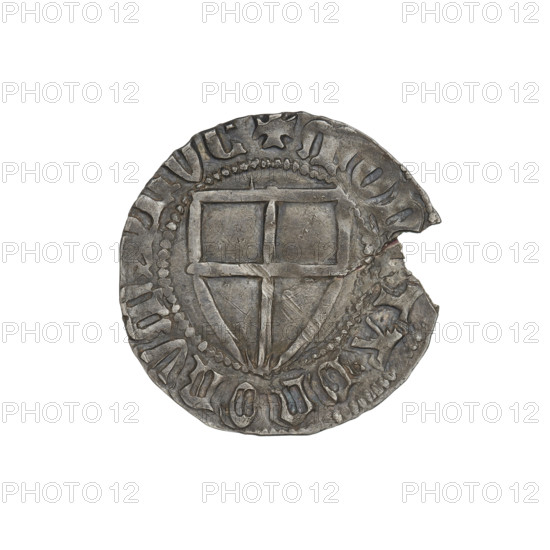 Teutonic szelag, Konrad von Jungingen (Grand Master; 1393–1407). Obverse: monastic shield of the Grand Master (iconographic). Reverse: monastic shield; above the upper right field of the shield, a small wedge adjacent to its edge on the left. On the rim, between the pearl borders, there is an inscription. Inscription includes dates 1393–1407. Teutonic Knights (order). State of the Teutonic Order (1226–1525). Torun, Malbork, Gdansk. Coin, diameter 20.2 mm, weight 1.51 g, axis 225 degrees.