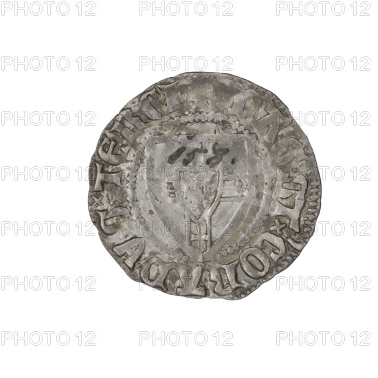 Teutonic szelag, Konrad von Jungingen (Grand Master; 1393–1407). Obverse: monastic shield of the Grand Master (iconographic). Above the upper left field of the shield, a small wedge adjacent to its right side, edge. In the rim, between the beaded borders, an inscription. Reverse: monastic shield; above the upper left field of the shield, a small wedge adjacent to its right side, edge. The vertical lower arm of the cross protrudes beyond the beaded border. In the rim between the pearl borders there is an inscription. 1393–1407. State of the Teutonic Order (1226–1525), Torun, Malbork, Gdansk. Coin; diameter 20.8 mm; weight 1.60 g; axis 0°.