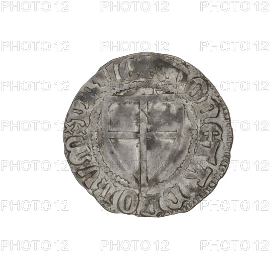 Teutonic szelag, Konrad von Jungingen (Grand Master; 1393–1407). Obverse: monastic shield of the Grand Master (iconographic). Above the upper left field of the shield, a small wedge adjacent to its right side, at the edge. In the rim, between the beaded borders, an inscription. Reverse: monastic shield. Above the upper left field of the shield, a small wedge adjacent to its right side, at the edge. The vertical lower arm of the cross protrudes beyond the beaded border. In the rim between the pearl borders there is an inscription. Date 1393–1407. State of the Teutonic Order (1226–1525). Torun, Malbork, Gdansk. Coin; diameter 20.8 mm; weight 1.60 g; axis 0°.