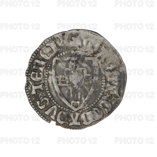 Teutonic szelag, Konrad von Jungingen (Grand Master; 1393–1407), Teutonic shield of the Grand Master (iconographic), Teutonic shield (iconographic), Teutonic Knights (order). Obv. Teutonic shield of the Grand Master. On the rim, between the pearly borders, an inscription. Rev. Teutonic shield. On the rim, between the pearly borders, an inscription. 1393–1407. State of the Teutonic Order (1226–1525), Torun, Malbork, Gdansk. Coin; dia. 21.9 mm; weight 1.55 g; axis 45°.