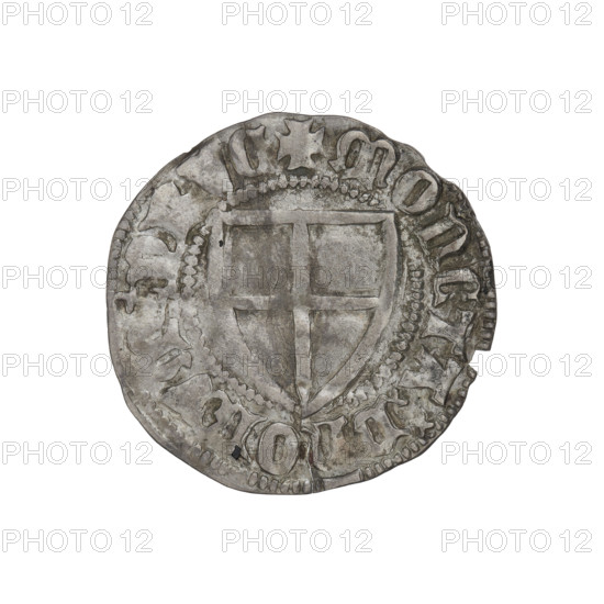 Teutonic szelag, Konrad von Jungingen (Grand Master; 1393–1407). Obv.: Teutonic shield of the Grand Master (iconographic). On the rim, between the pearly borders, an inscription. Rev.: Teutonic shield (iconographic). On the rim, between the pearly borders, an inscription. Date: 1393–1407. State of the Teutonic Order (1226–1525). Places: Torun, Malbork, Gdansk. Coin; diameter 21.9 mm; weight 1.55 g; axis 45°.
