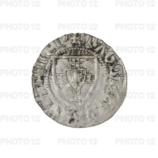 Teutonic szelag, Konrad von Jungingen (Grand Master; 1393–1407). Obverse: monastic shield of the Grand Master (iconographic). Reverse: monastic shield. Above the upper right field of the shield, a small wedge adjacent to its edge on the left. On the rim, between the pearl borders, an inscription: 1393–1407. Teutonic Knights (Order). State of the Teutonic Order (1226–1525). Torun, Malbork, Gdansk. Coin; diameter 20.5 mm; weight 1.65 g; axis 45 degrees.