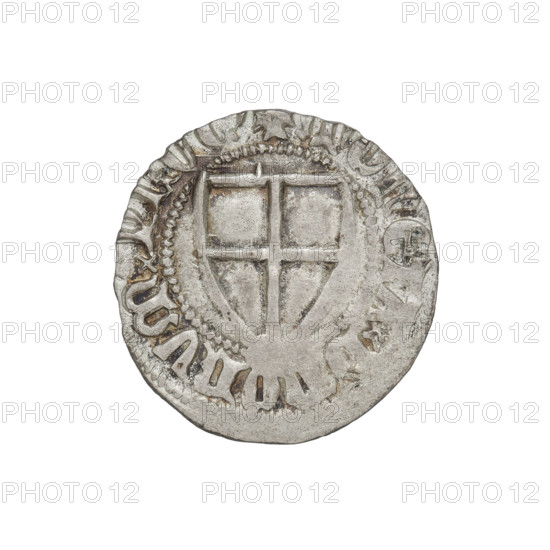 Teutonic szelag, Konrad von Jungingen (Grand Master; 1393–1407). Obverse: monastic shield of the Grand Master (iconographic). Reverse: monastic shield; above the upper right field of the shield, a small wedge adjacent to its left edge. On the rim, between the pearl borders, inscriptions including '1393–1407'. Teutonic Knights (order). State of the Teutonic Order (1226–1525). Torun, Malbork, Gdansk. Coin; diameter 20.5 mm; weight 1.65 g; axis 45°.
