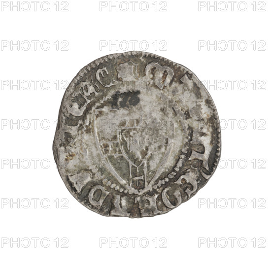 Teutonic szelag, Konrad von Jungingen (Grand Master; 1393–1407). Obverse: monastic shield of the Grand Master (iconographic). Reverse: monastic shield; above the upper right field of the shield, a small wedge adjacent to its edge on the left. On the rim, between the pearl borders, an inscription. Dates inscribed: 1393–1407. Teutonic Knights (order). State of the Teutonic Order (1226–1525). Cities associated: Torun, Malbork, Gdansk. Coin; diameter ~21.1–21.3 mm; weight 1.62 g; axis 225°.