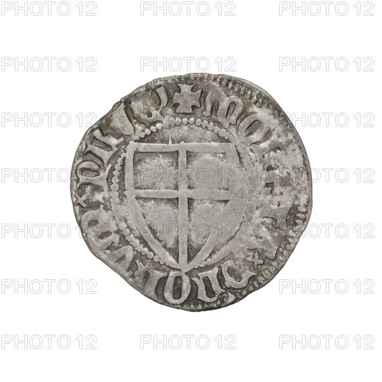 Teutonic szelag, Konrad von Jungingen (Grand Master; 1393–1407). Obverse: monastic shield of the Grand Master (iconographic); on the rim, between the pearl borders, an inscription. Reverse: monastic shield; above the upper right field of the shield, a small wedge adjacent to its edge on the left; on the rim between the pearl borders there is an inscription, 1393–1407. Teutonic shield (iconographic). Teutonic Knights (order). State of the Teutonic Order (1226–1525). Torun, Malbork, Gdansk. Coin; diameter 21.1–21.3 mm; weight 1.62 g; axis 225°.