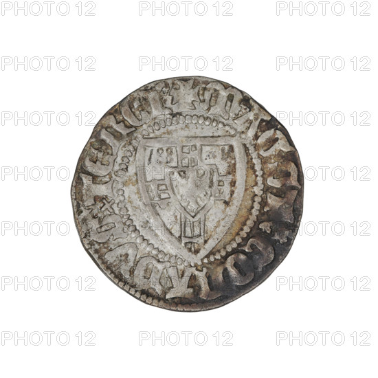 Teutonic szelag, Konrad von Jungingen (Grand Master; 1393–1407). Obverse: Teutonic shield of the Grand Master (iconographic). In the rim, between the pearl-shaped borders, the inscription. Reverse: Monastic shield; above the upper right field of the shield, a small wedge adjacent to its left edge. Iconography: Teutonic shield (iconographic), wedge above the shield (iconographic), Teutonic Knights (order). Date: 1393–1407. Coin: diameter 20.9 mm, weight 1.57 g, axis 135°.