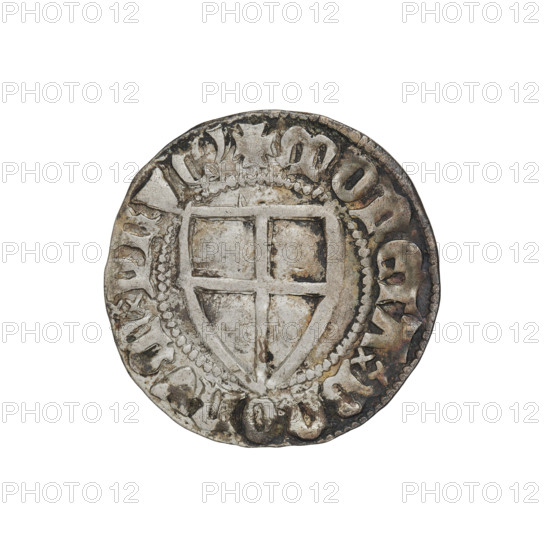 Teutonic szelag, Konrad von Jungingen (Grand Master; 1393–1407). Obverse: Teutonic shield of the Grand Master (iconographic); in the rim, between the pearl-shaped borders, an inscription. Reverse: Monastic shield; above the upper right field of the shield, a small wedge adjacent to its left edge; in the rim, between the pearl-shaped borders, an inscription. Date 1393–1407. State of the Teutonic Order (1226–1525). Torun, Malbork, Gdansk. Coin; diameter 20.9 mm; weight 1.57 g; axis 135°.