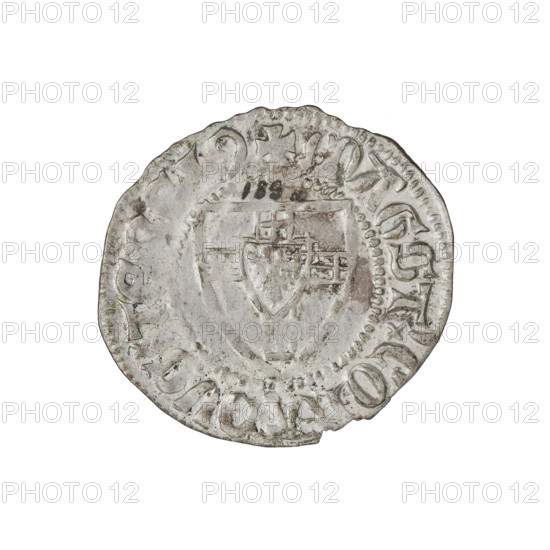Teutonic szelag, Konrad von Jungingen (Grand Master; 1393–1407). Obverse: Teutonic shield of the Grand Master (iconographic). On the rim, between the pearly borders, an inscription. Reverse: Teutonic shield (iconographic). On the rim, between the pearly borders, an inscription. Date: 1393–1407. State of the Teutonic Order (1226–1525). Associated places: Torun, Malbork, Gdansk. Coin; diameter 22.3 mm, weight 1.76 g, axis 60 degrees.