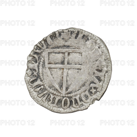 Teutonic szelag, Konrad von Jungingen (Grand Master; 1393–1407). Obverse: Teutonic shield of the Grand Master (iconographic). Reverse: Teutonic shield (iconographic). On the rim, between the pearly borders, an inscription. Date: 1393–1407. State of the Teutonic Order (1226–1525). Associated cities: Torun, Malbork, Gdansk. Coin: diameter 22.3 mm, weight 1.76 g, axis 60°.