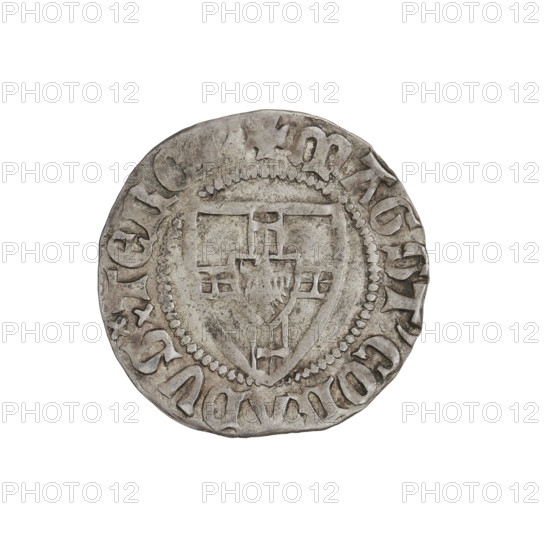 Teutonic szelag, Konrad von Jungingen (Grand Master; 1393-1407). Teutonic shield (iconographic), monastic shield of the Grand Master (iconographic), wedge above the shield (iconographic), Teutonic Knights (order). Obv. Monastic shield of the Grand Master; in the rim between the pearl borders an inscription. Rev. Monastic shield; above the upper right field of the shield, a small wedge adjoining its edge on the left side; in the rim between the pearly borders an inscription, 1393–1407. State of the Teutonic Order (1226–1525), Torun, Malbork, Gdansk. Coin; diameter 20.5 mm; weight 1.70 g; axis 0 degrees.