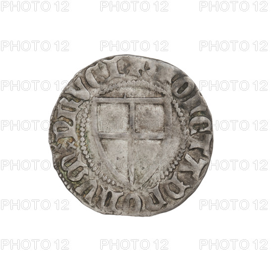 Teutonic szelag, Konrad von Jungingen (Grand Master; 1393–1407); Teutonic shield (iconographic), monastic shield of the Grand Master (iconographic), wedge above the shield (iconographic); Teutonic Knights (order). Obverse: monastic shield of the Grand Master; in the rim between the pearl borders an inscription. Reverse: monastic shield; above the upper right field of the shield, a small wedge adjoining its edge on the left side; in the rim between the pearly borders an inscription, 1393–1407. State of the Teutonic Order (1226–1525); Torun, Malbork, Gdansk. Coin; diameter 20.5 mm; weight 1.70 g; axis 0°.