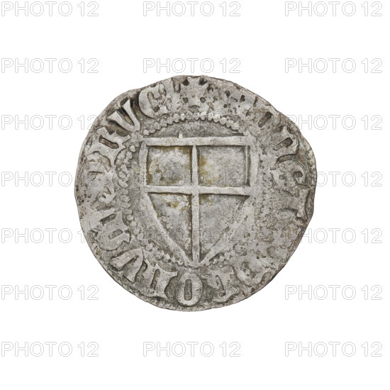 Teutonic szelag, Konrad von Jungingen (Grand Master; 1393–1407). Obverse: Teutonic shield of the Grand Master (iconographic). In the rim, between the pearl-shaped borders, an inscription. Reverse: Teutonic shield; above the upper right field of the shield, a small wedge adjacent to its left edge. In the rim, between the pearl-shaped borders, an inscription. Date: 1393–1407. Issued by the State of the Teutonic Order (1226–1525). Mint cities: Torun, Malbork, Gdansk. Coin; diameter 20.9 mm; weight 1.61 g; axis 180°.