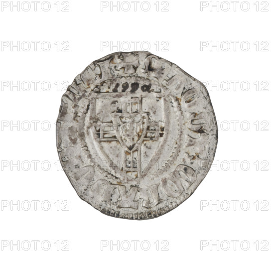 Teutonic szelag, Konrad von Jungingen (Grand Master; 1393–1407), Teutonic shield (iconographic), monastic shield of the Grand Master (iconographic). Obverse: Monastic shield of the Grand Master; on the rim, between the pearly borders, an inscription. Reverse: Monastic shield; on the rim, between the pearly borders, an inscription. 1393–1407. State of the Teutonic Order (1226–1525). Torun, Malbork, Gdansk. Coin; diameter 20.8 mm; weight 1.69 g; axis 160°.