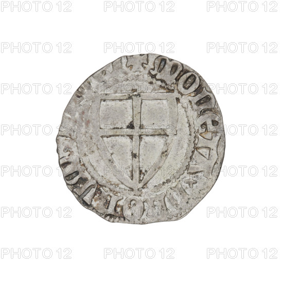 Teutonic szelag, Konrad von Jungingen (Grand Master; 1393–1407), Teutonic shield (iconographic), monastic shield of the Grand Master (iconographic). Obverse: monastic shield of the Grand Master; on the rim, between the pearly borders, an inscription. Reverse: monastic shield; on the rim, between the pearly borders, an inscription. Date: 1393–1407. State of the Teutonic Order (1226–1525). Associated places: Torun, Malbork, Gdansk. Coin; diameter 20.8 mm; weight 1.69 g; axis 160°.