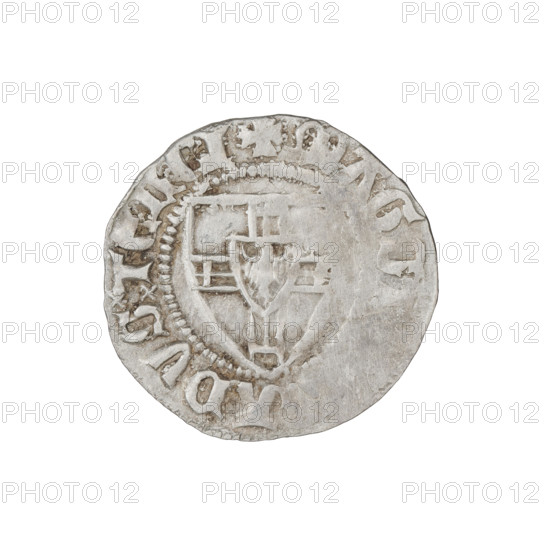 Teutonic szelag, Konrad von Jungingen (Grand Master; 1393–1407). Obverse: Teutonic shield of the Grand Master; rim between pearly borders bears an inscription. Reverse: Teutonic shield; rim between pearly borders bears an inscription. Date: 1393–1407. Issuing authority: State of the Teutonic Order (1226–1525). Mintage places: Torun, Malbork, Gdansk. Coin; diameter 20.6 mm; weight 1.70 g; axis 180°.