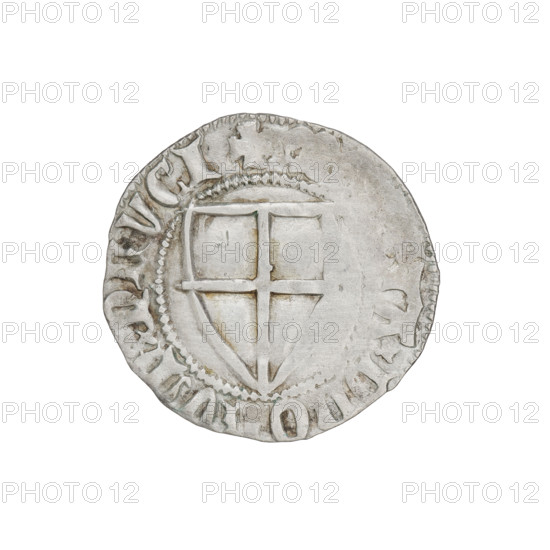 Teutonic szelag, Konrad von Jungingen (Grand Master; 1393–1407). Obverse: Teutonic shield of the Grand Master; on the rim between pearly borders an inscription. Reverse: Teutonic shield; on the rim between pearly borders an inscription. Date: 1393–1407. State of the Teutonic Order (1226–1525). Mintplaces: Torun, Malbork, Gdansk. Coin; diameter 20.6 mm; weight 1.70 g; axis 180°.