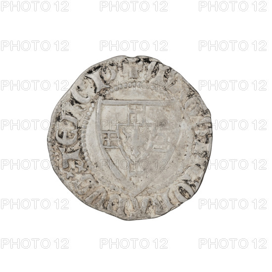 Teutonic szelag, Konrad von Jungingen (Grand Master; 1393–1407). Obverse: Teutonic shield of the Grand Master (iconographic). Reverse: Teutonic shield (iconographic). Teutonic Knights (order). Obverse inscription: Teutonic shield of the Grand Master. Rim inscription between pearly borders. Date: 1393–1407. State of the Teutonic Order (1226–1525). Mint towns: Torun, Malbork, Gdansk. Coin. Diameter 20.4 mm; weight 1.67 g; axis 80°.