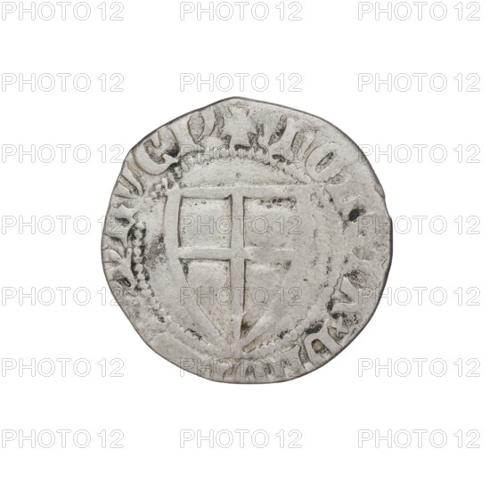 Teutonic szelag, Konrad von Jungingen (Grand Master; 1393–1407). Obverse: Teutonic shield of the Grand Master. Reverse: Teutonic shield. In the rim, between the pearly borders, an inscription. Date: 1393–1407. State of the Teutonic Order (1226–1525). Minted in Torun / Malbork / Gdansk. Coin; diameter 20 mm; weight 1.43 g; axis 60°.