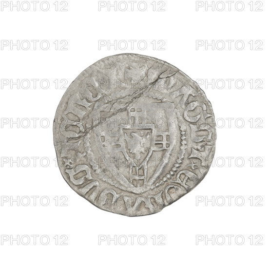 Teutonic szelag, Konrad von Jungingen (Grand Master; 1393–1407). Obverse: Teutonic shield of the Grand Master (iconographic). Reverse: Teutonic shield (iconographic). Inscription on rim between pearly borders. Dates: 1393–1407; State of the Teutonic Order (1226–1525). Associated places: Torun, Malbork, Gdansk. Coin; diameter 20.6 mm; weight 1.52 g; axis 220 degrees.