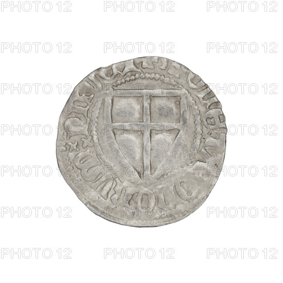 Teutonic szelag, Konrad von Jungingen (Grand Master; 1393–1407). Obverse: Teutonic shield of the Grand Master (iconographic). Reverse: Teutonic shield (iconographic). Obverse rim, between pearl borders: inscription. Reverse rim, between pearl borders: inscription. Date: 1393–1407. State of the Teutonic Order (1226–1525). Places: Torun, Malbork, Gdansk. Coin. Diameter 20.6 mm, weight 1.52 g, axis 220°.