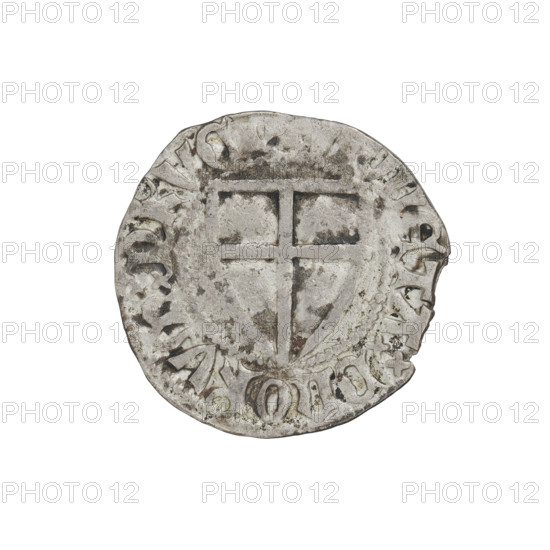 Teutonic szelag, Konrad von Jungingen (Grand Master; 1393–1407). Obverse: Teutonic shield of the Grand Master; on the rim between the pearly borders, an inscription. Reverse: Teutonic shield; on the rim between the pearly borders, an inscription. Date range: 1393–1407. State of the Teutonic Order (1226–1525). Cities associated: Torun, Malbork, Gdansk. Coin; diameter 20.8 mm; weight 1.47 g; axis 315°.