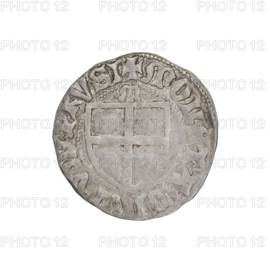 Teutonic szelag, Konrad von Jungingen (Grand Master; 1393–1407), Teutonic shield (iconographic), monastic shield of the Grand Master (iconographic), letter M above the shield (on the reverse), Teutonic Knights (order). Obv. Monastic shield of the Grand Master. On the rim, between the pearl borders, the inscription. Rev. Monastic shield. Above the shield the letter M. On the rim between the pearl borders an inscription, 1393–1407. State of the Teutonic Order (1226–1525), Malbork; coin, diameter 20.8 mm, weight 1.73 g, axis 180 degrees.