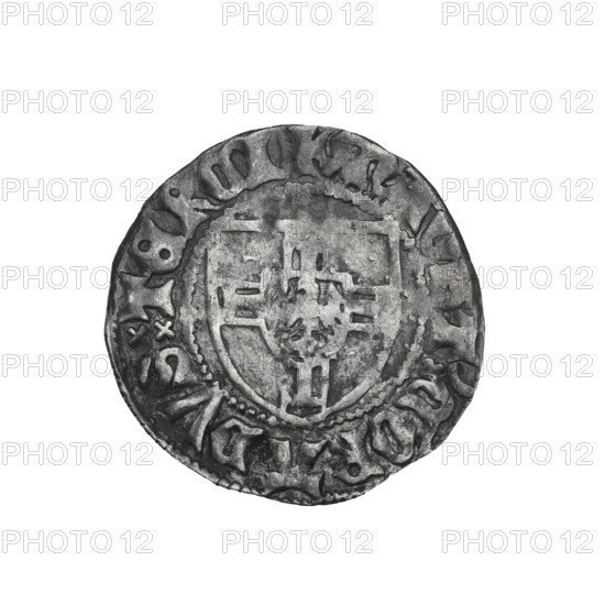 Teutonic szelag, Konrad von Jungingen (Grand Master; 1393–1407), Teutonic shield (iconographic), monastic shield of the Grand Master (iconographic), letter M above the shield (on the reverse), Teutonic Knights (order). Obverse: monastic shield of the Grand Master; on the rim, between the pearl borders, an inscription. Reverse: monastic shield; above the shield the letter M; on the rim between the pearl borders an inscription, 1393–1407. State of the Teutonic Order (1226–1525), Malbork; coin; diameter 20.8 mm; weight 1.73 g; axis 180 degrees.