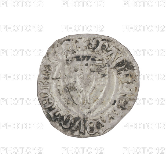 Teutonic szelag, Konrad von Jungingen (Grand Master; 1393–1407). Obverse: Monastic shield of the Grand Master (iconographic). Reverse: Monastic shield; above the upper right field of the shield, a small wedge adjacent to its right edge (iconographic). On the rim, between the pearl borders, inscriptions including dates 1393–1407. State of the Teutonic Order (1226–1525). Torun, Malbork, Gdansk. Coin; diameter 21.4 mm, weight 1.67 g, axis 280°.