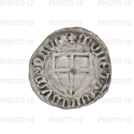 Teutonic szelag, Konrad von Jungingen (Grand Master; 1393–1407). Obverse: Monastic shield of the Grand Master (iconographic). Reverse: Monastic shield; above the upper right field of the shield, a small wedge adjacent to its right edge. On the rim, between the pearl borders, the inscription; reverse rim inscription: 1393–1407. Teutonic Knights (order). State of the Teutonic Order (1226–1525). Minted in Torun, Malbork, or Gdansk. Coin; diameter 21.4 mm, weight 1.67 g, axis 280°.