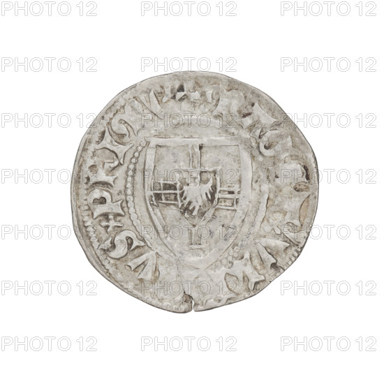 Teutonic szelag, Ulrich von Jungingen (Grand Master; 1407–1410), Mynlein, Dietz (fl. 1394–1409), publisher; Teutonic shield (iconographic), monastic shield of the Grand Master (iconographic), shields, Teutonic Knights (order). Obverse: monastic shield of the Grand Master; on the rim between the pearl borders an inscription. Reverse: monastic shield; in the rim between the pearl borders an inscription. Date: 1407–1410. State of the Teutonic Order (1226–1525). Gdansk; coin, diameter 22 mm, weight 1.54 g, axis 320°.