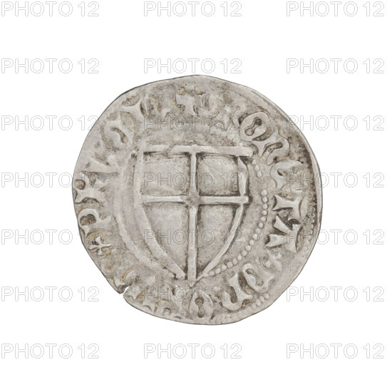 Teutonic szelag, Ulrich von Jungingen (Grand Master; 1407–1410), Mynlein, Dietz (fl. 1394–1409), publisher; Teutonic shield (iconographic), monastic shield of the Grand Master (iconographic); shields; Teutonic Knights (order). Obverse: monastic shield of the Grand Master; on the rim, between the pearl borders, the inscription. Reverse: monastic shield; in the rim between the pearl borders there is an inscription, 1407–1410. Coin of the State of the Teutonic Order (1226–1525), Gdansk; diameter 22 mm; weight 1.54 g; axis 320°.